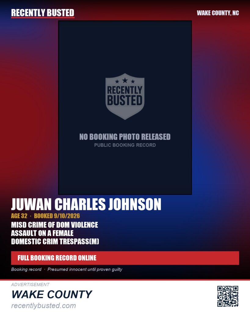 JUWAN CHARLES JOHNSON — arrest record card, Wake County, North Carolina