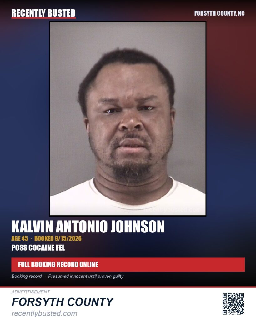 KALVIN ANTONIO JOHNSON — arrest record card, Forsyth County, North Carolina