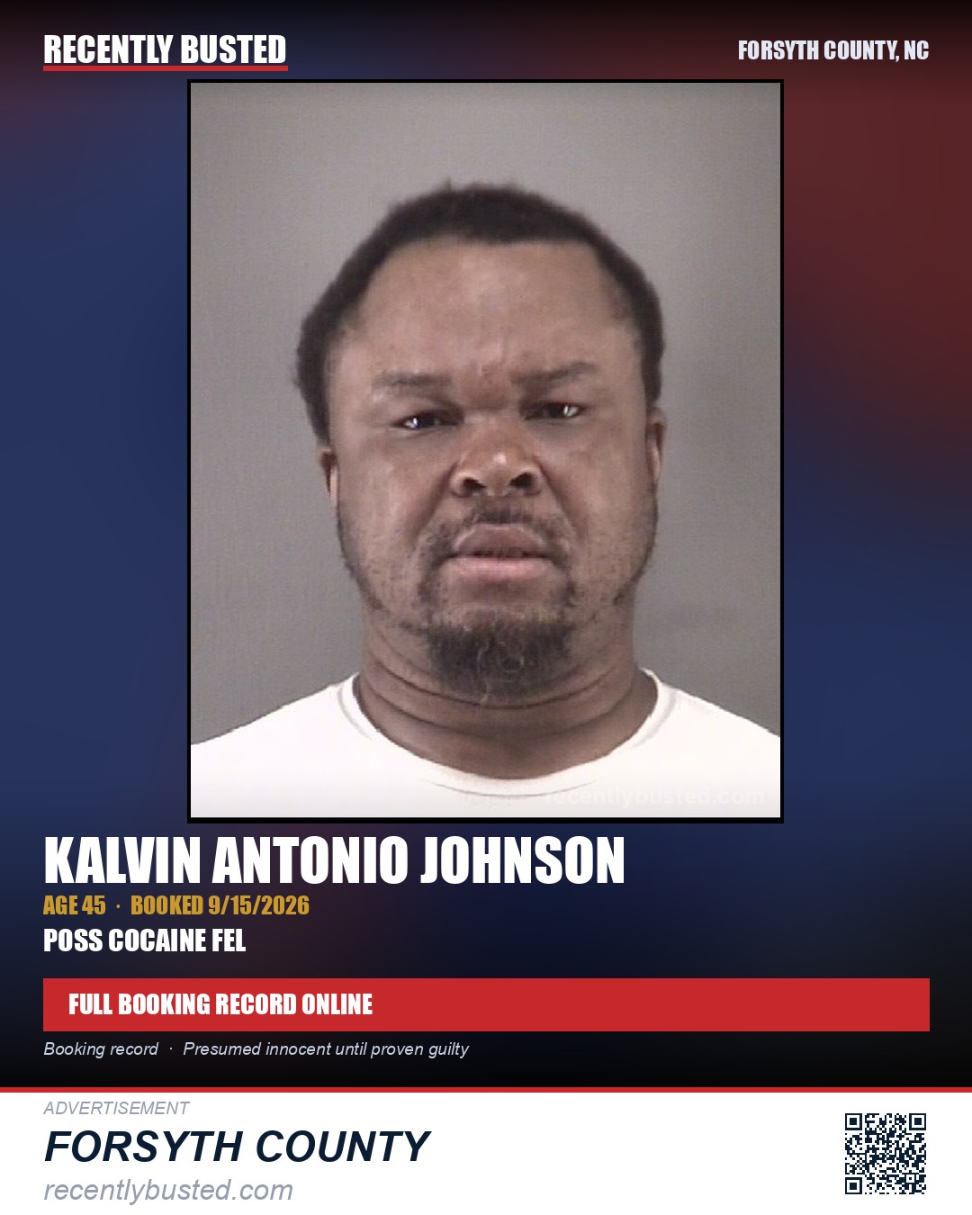 KALVIN ANTONIO JOHNSON — arrest record card, Forsyth County, North Carolina