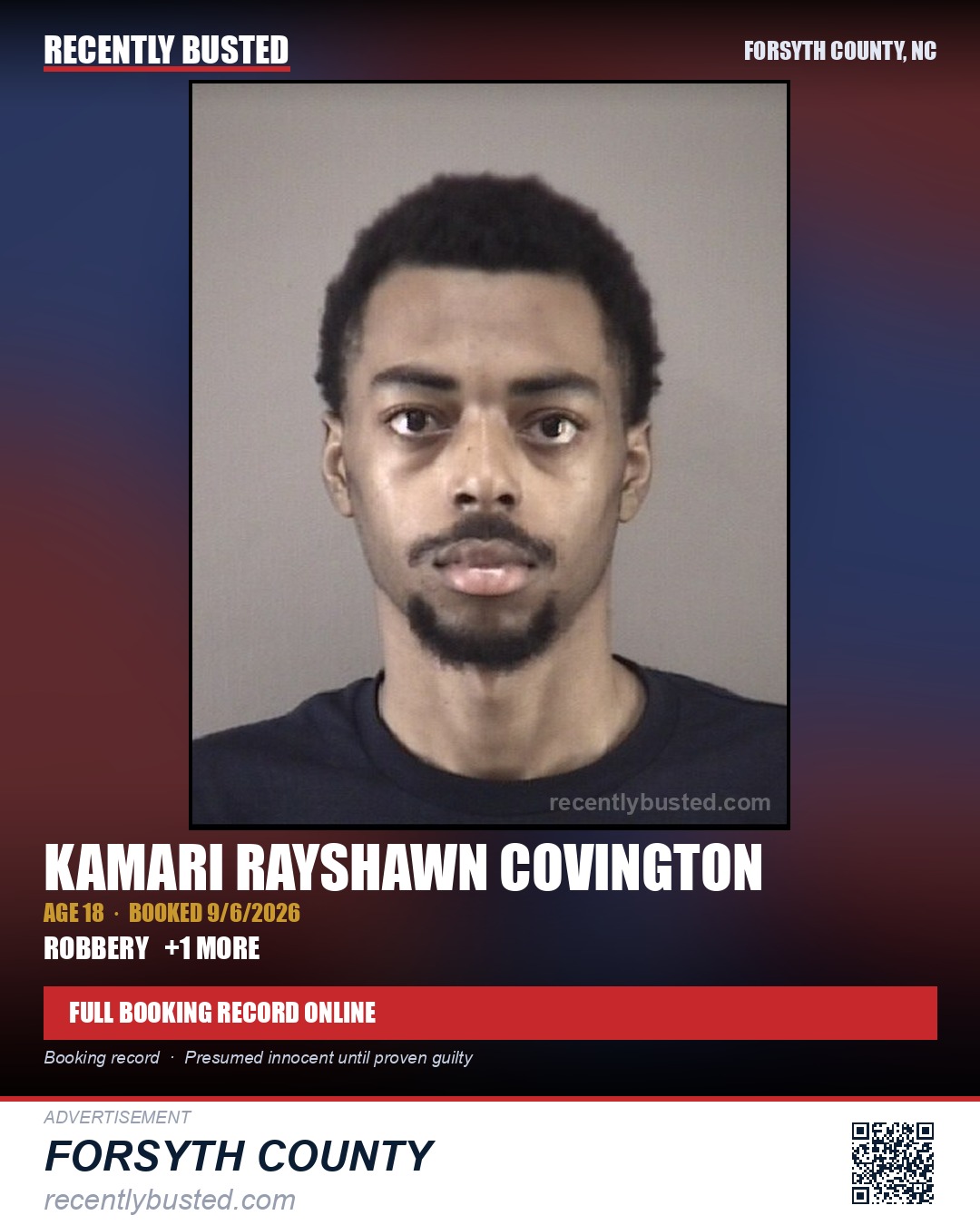 KAMARI RAYSHAWN COVINGTON — arrest record card, Forsyth County, North Carolina