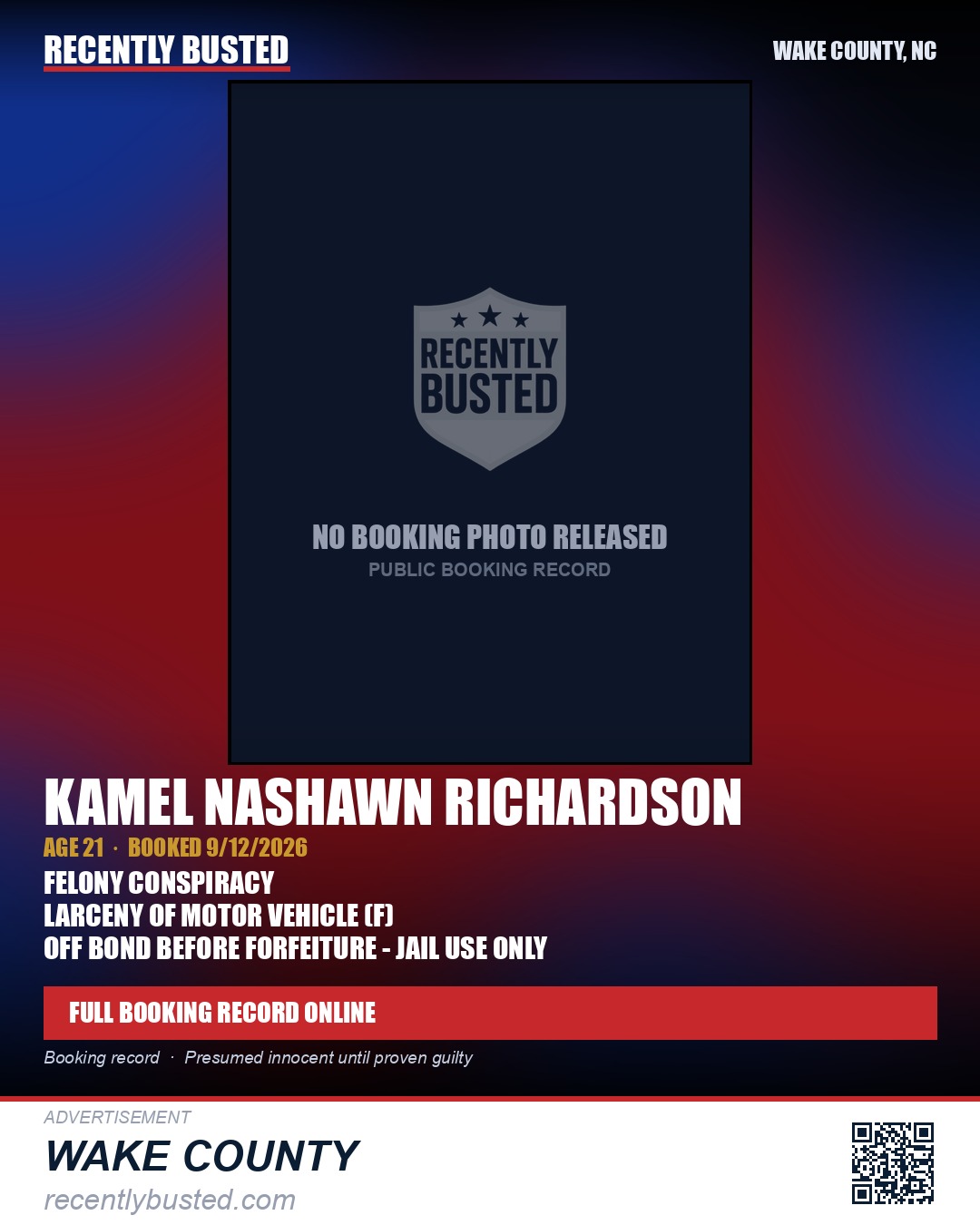 KAMEL NASHAWN RICHARDSON — arrest record card, Wake County, North Carolina