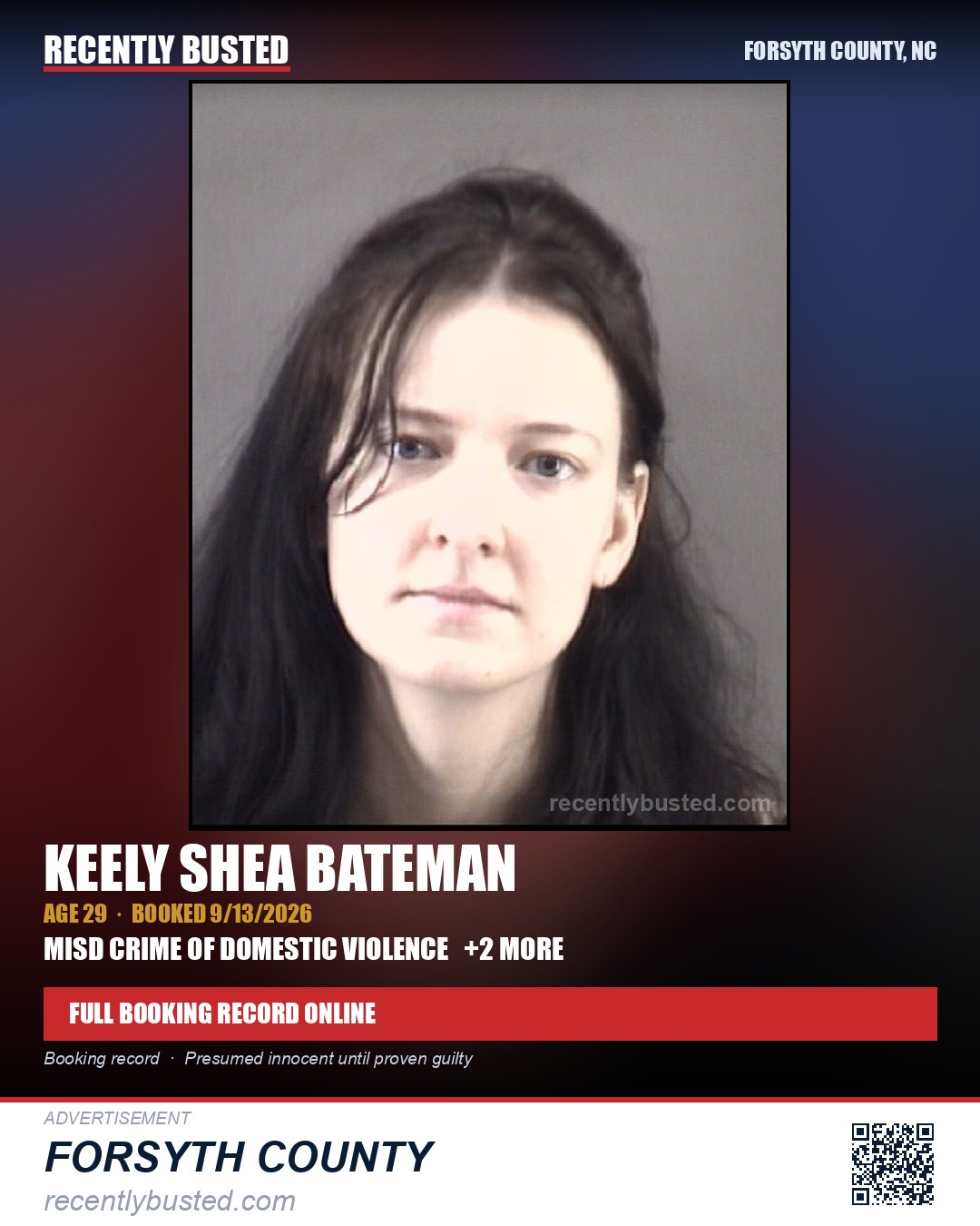KEELY SHEA BATEMAN — arrest record card, Forsyth County, North Carolina