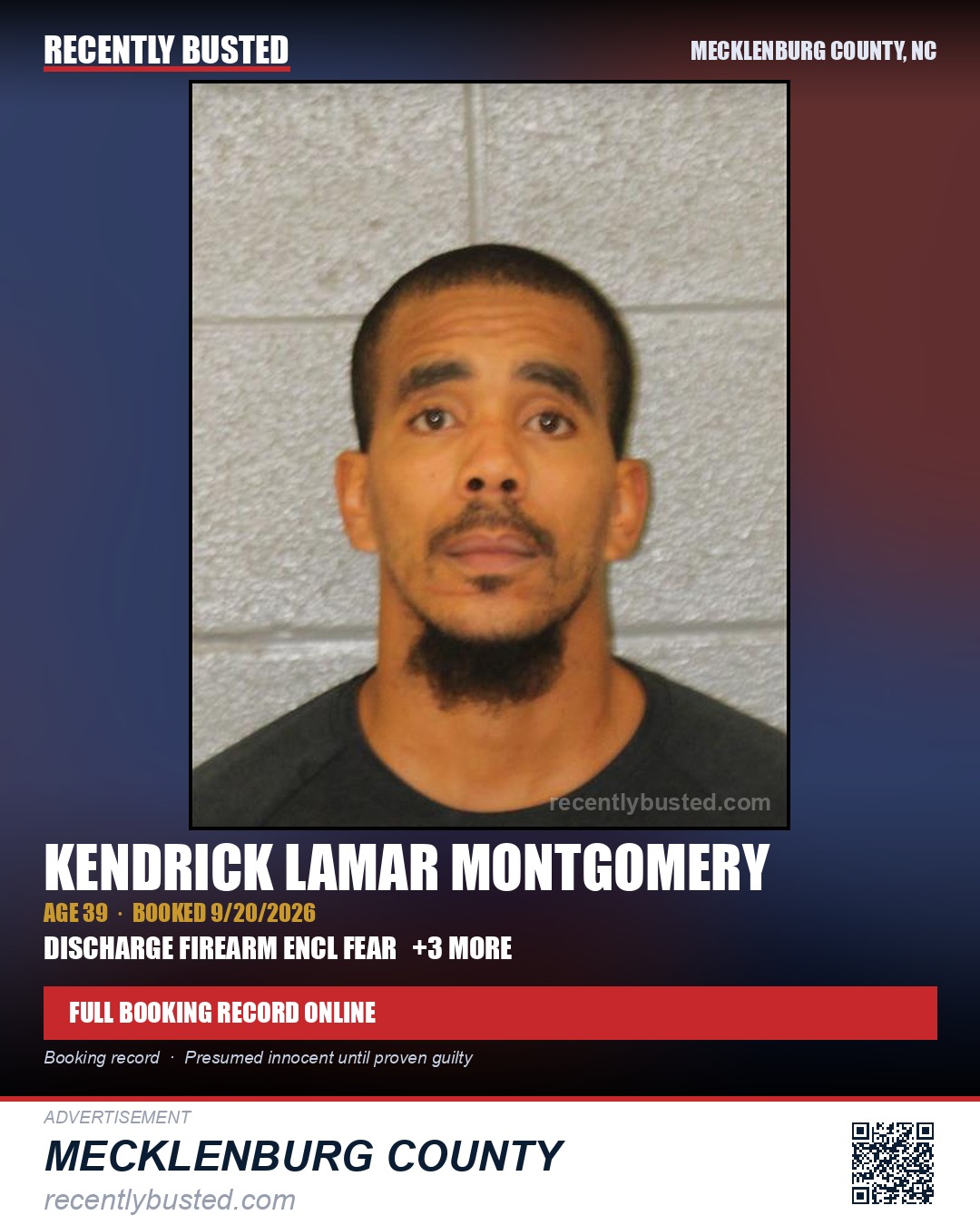 KENDRICK LAMAR MONTGOMERY — arrest record card, Mecklenburg County, North Carolina