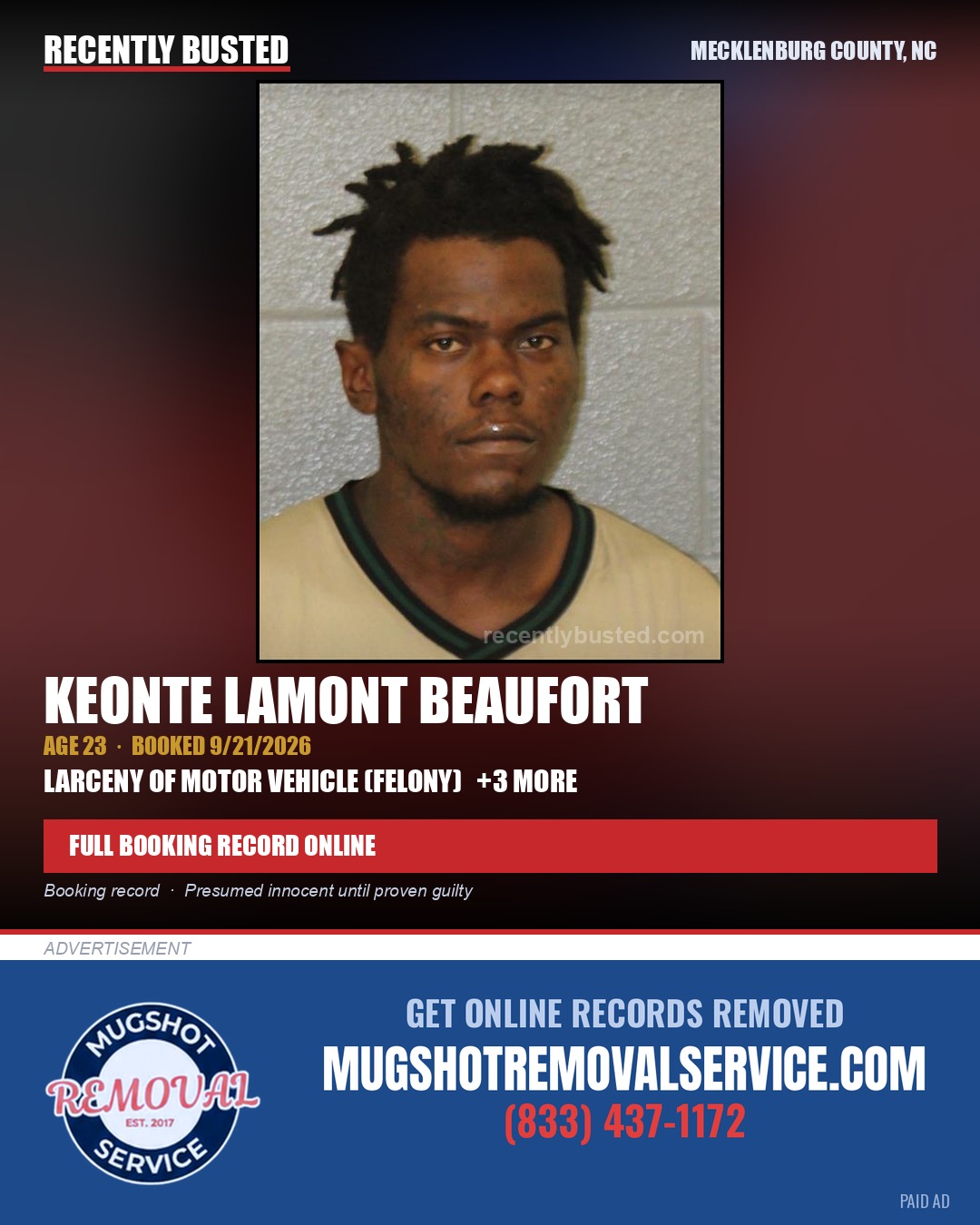 KEONTE LAMONT BEAUFORT — arrest record card, Mecklenburg County, North Carolina