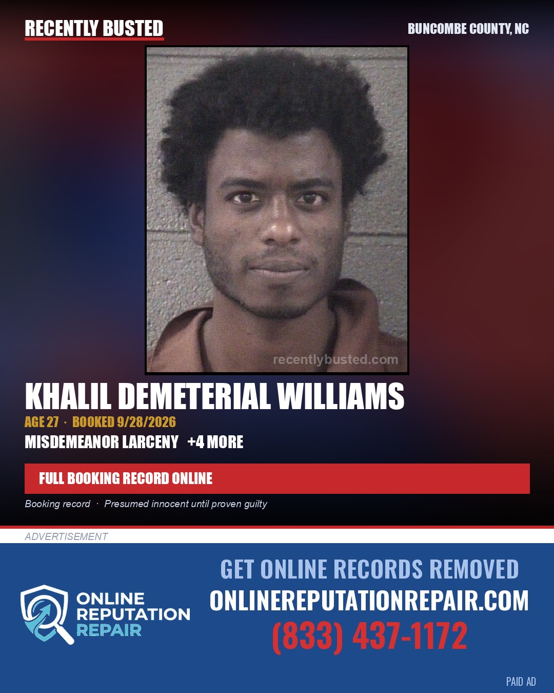 KHALIL DEMETERIAL WILLIAMS — arrest record card, Buncombe County, North Carolina
