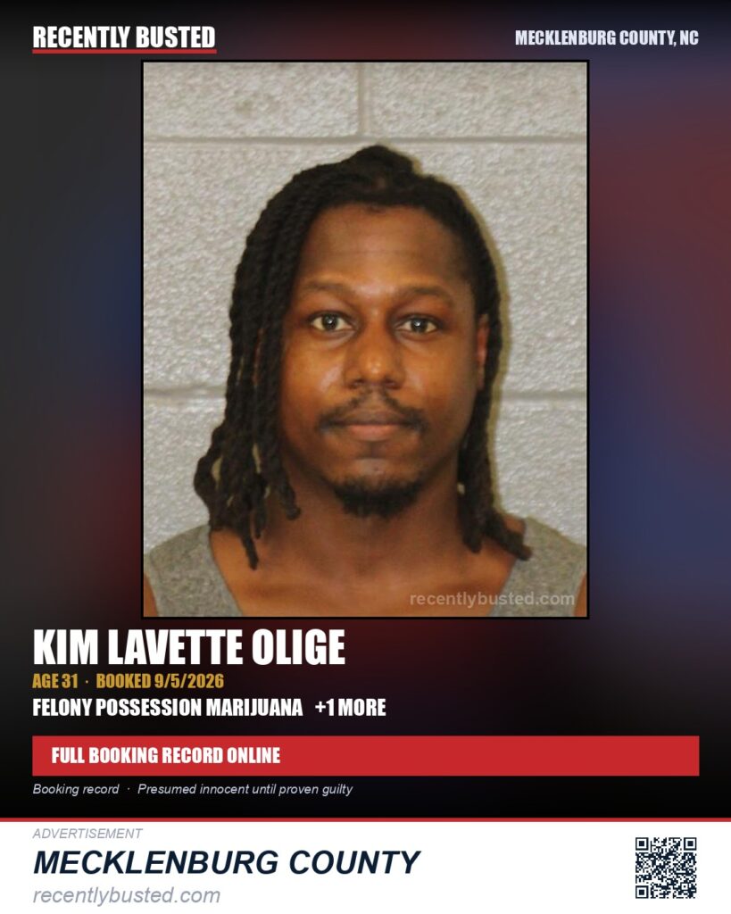 KIM LAVETTE OLIGE — arrest record card, Mecklenburg County, North Carolina