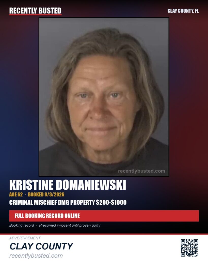 KRISTINE DOMANIEWSKI — arrest record card, Clay County, Florida