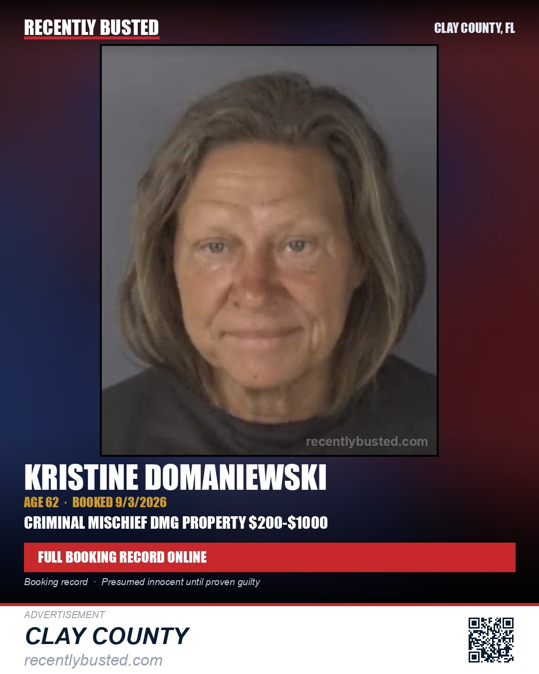 KRISTINE DOMANIEWSKI — arrest record card, Clay County, Florida