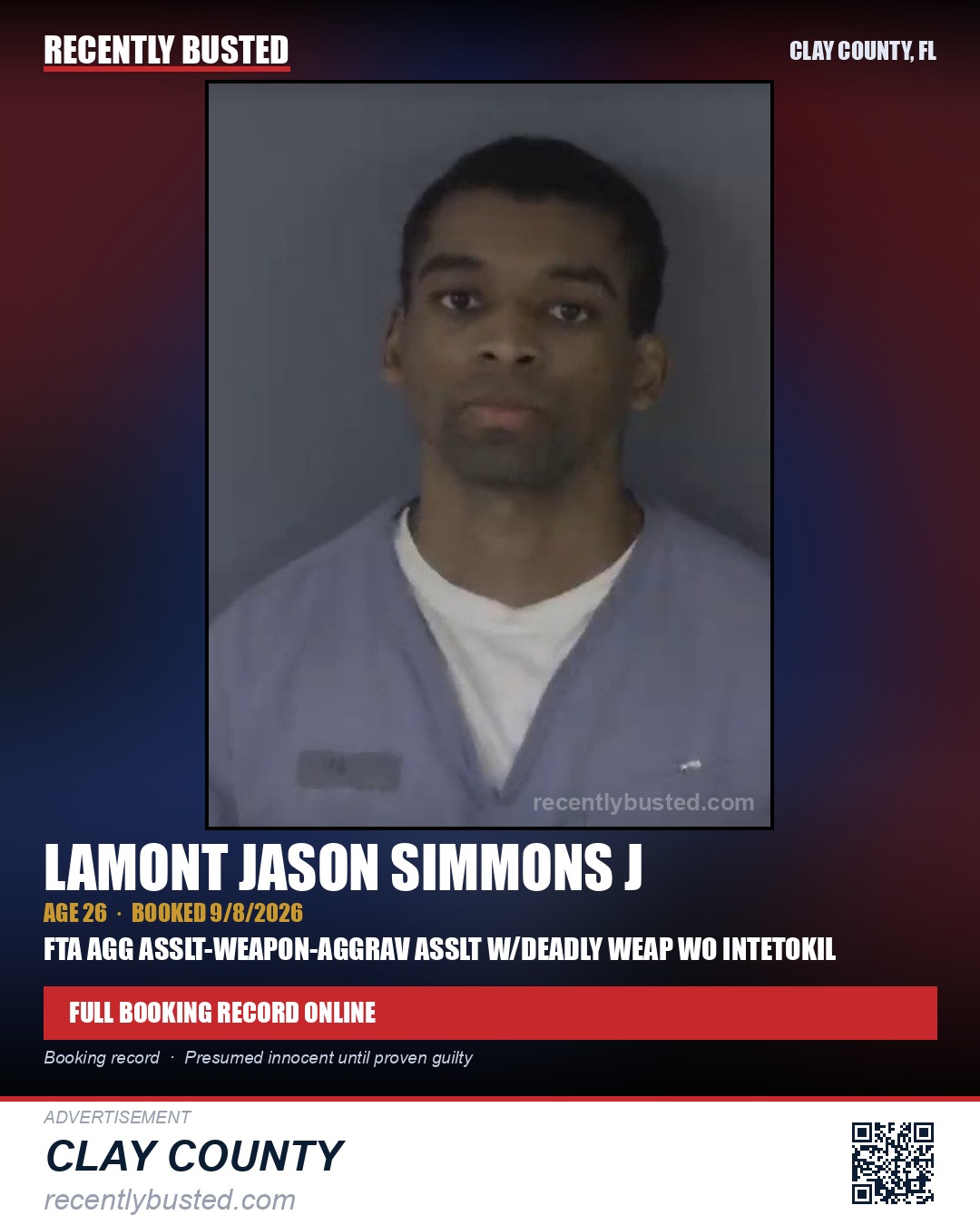 LAMONT JASON SIMMONS J — arrest record card, Clay County, Florida