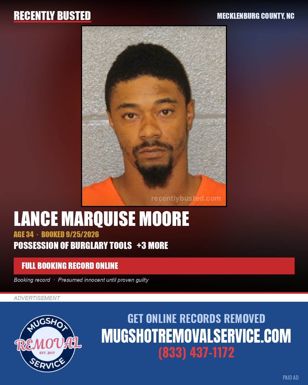 LANCE MARQUISE MOORE — arrest record card, Mecklenburg County, North Carolina