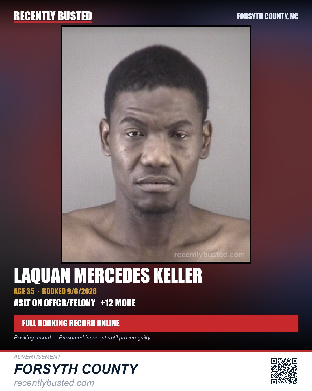 LAQUAN MERCEDES KELLER — arrest record card, Forsyth County, North Carolina