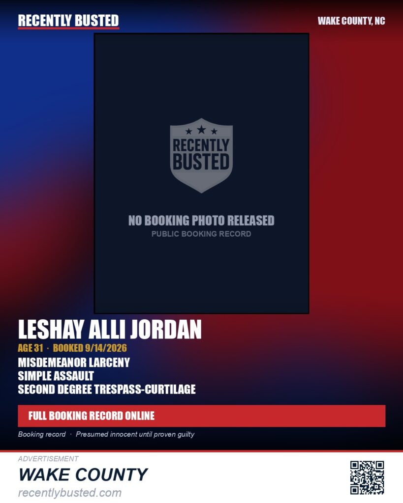 LESHAY ALLI JORDAN — arrest record card, Wake County, North Carolina
