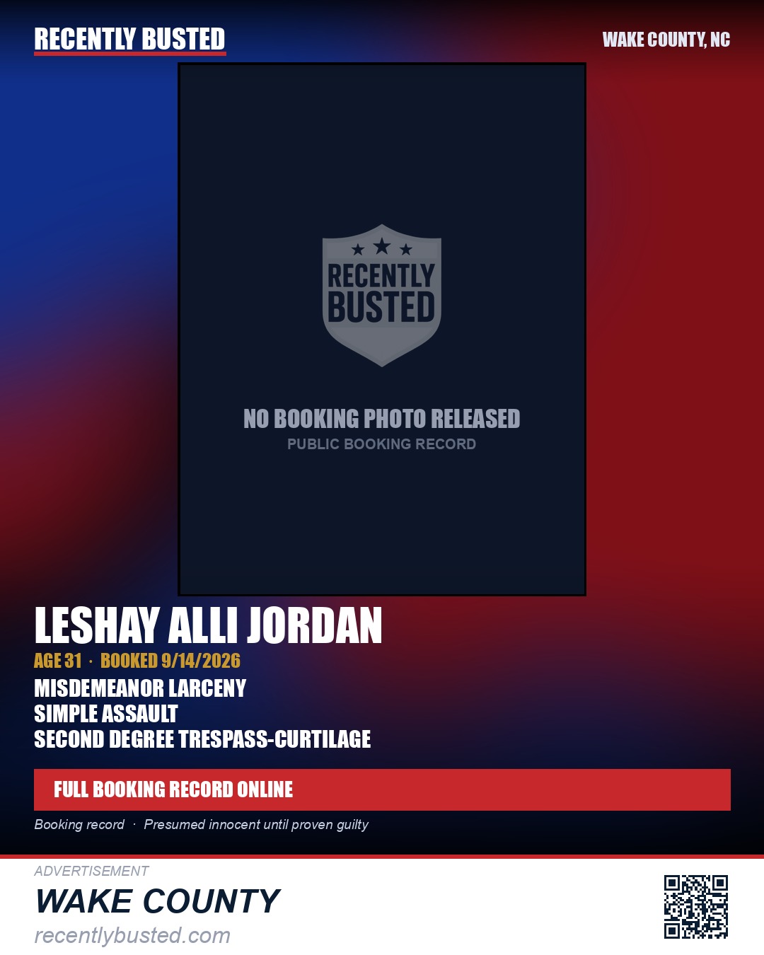 LESHAY ALLI JORDAN — arrest record card, Wake County, North Carolina