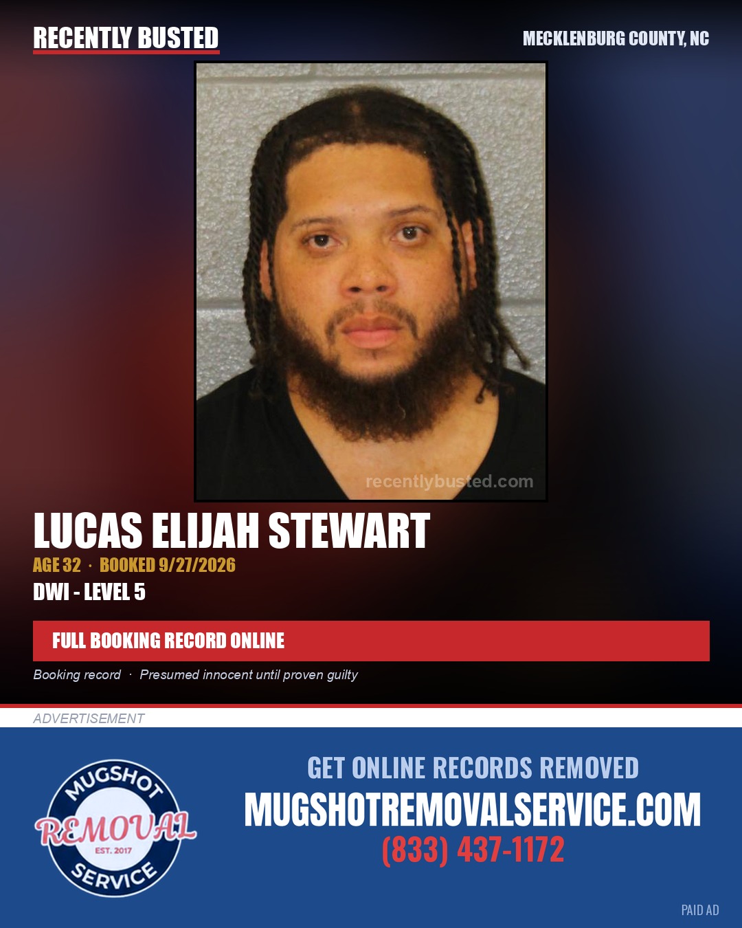 LUCAS ELIJAH STEWART — arrest record card, Mecklenburg County, North Carolina
