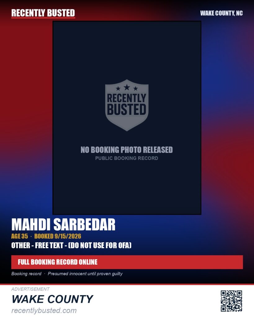 MAHDI SARBEDAR — arrest record card, Wake County, North Carolina