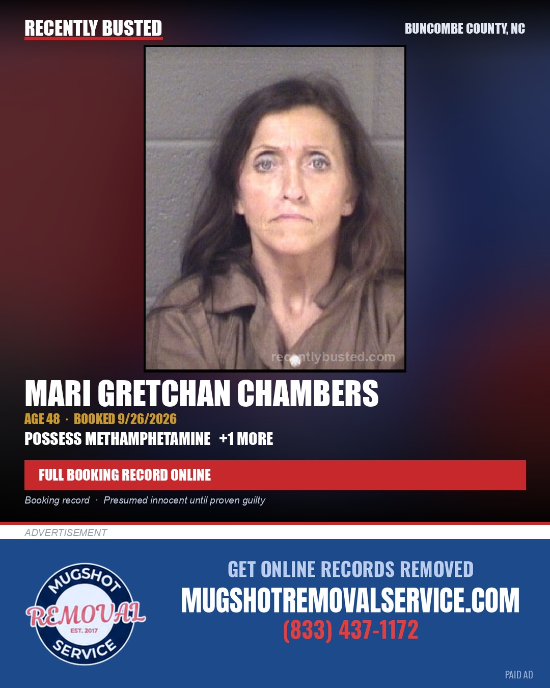 MARI GRETCHAN CHAMBERS — arrest record card, Buncombe County, North Carolina