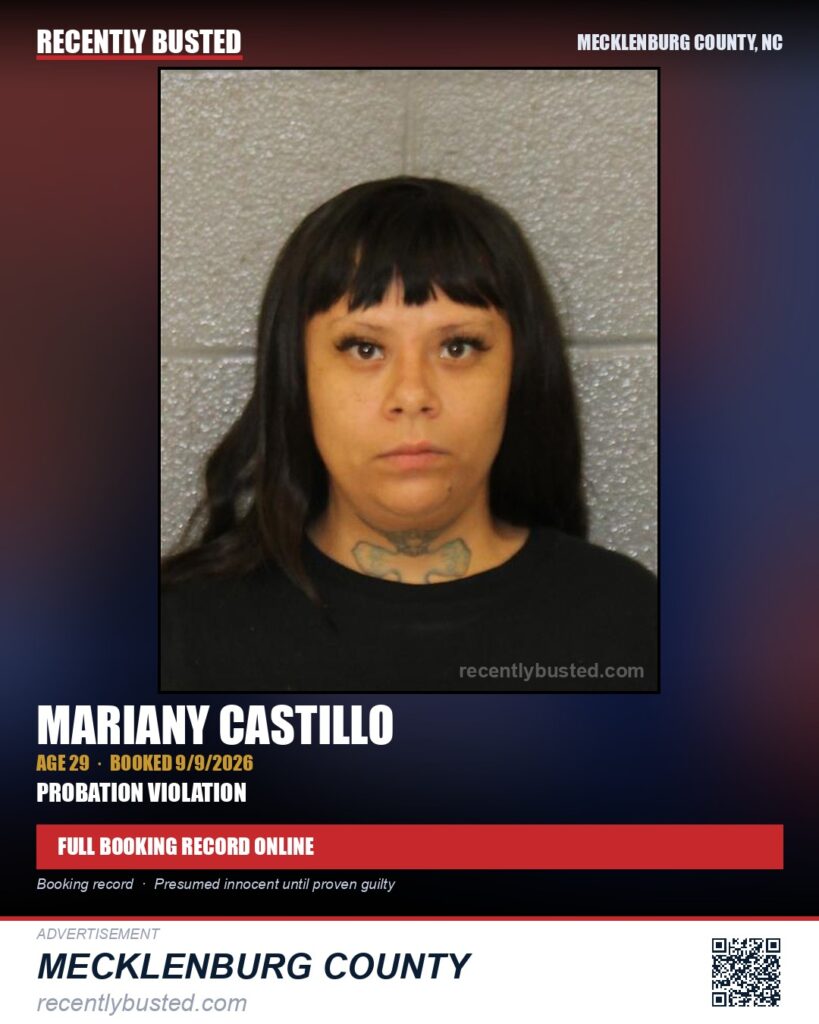 MARIANY CASTILLO — arrest record card, Mecklenburg County, North Carolina