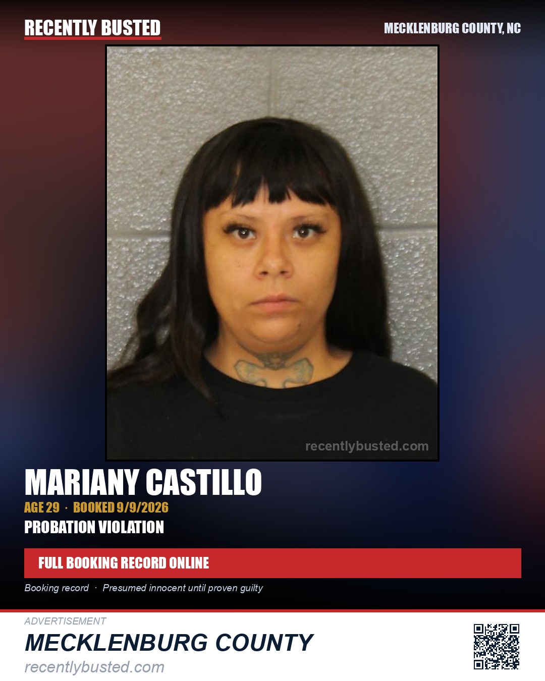 MARIANY CASTILLO — arrest record card, Mecklenburg County, North Carolina