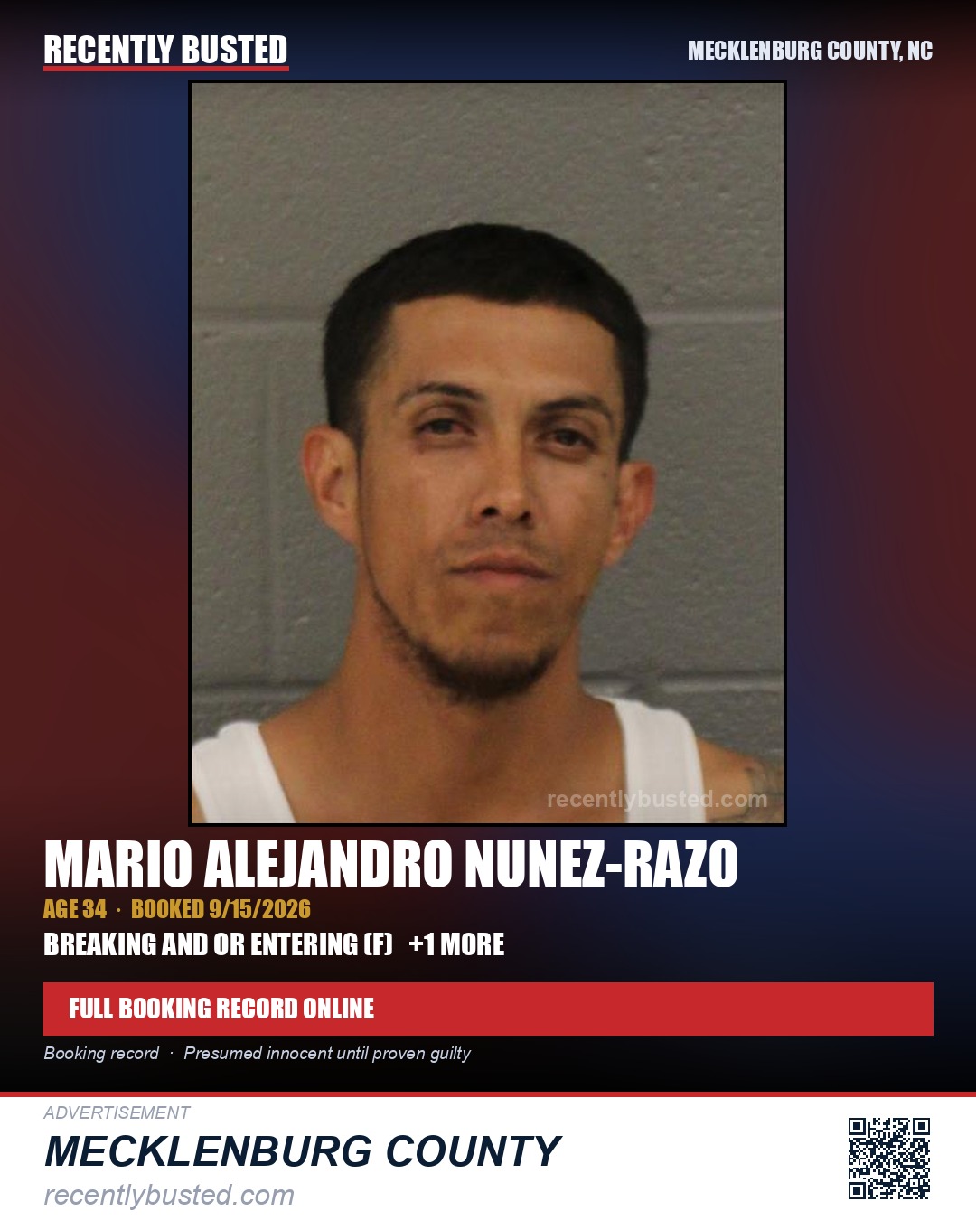 MARIO ALEJANDRO NUNEZ-RAZO — arrest record card, Mecklenburg County, North Carolina