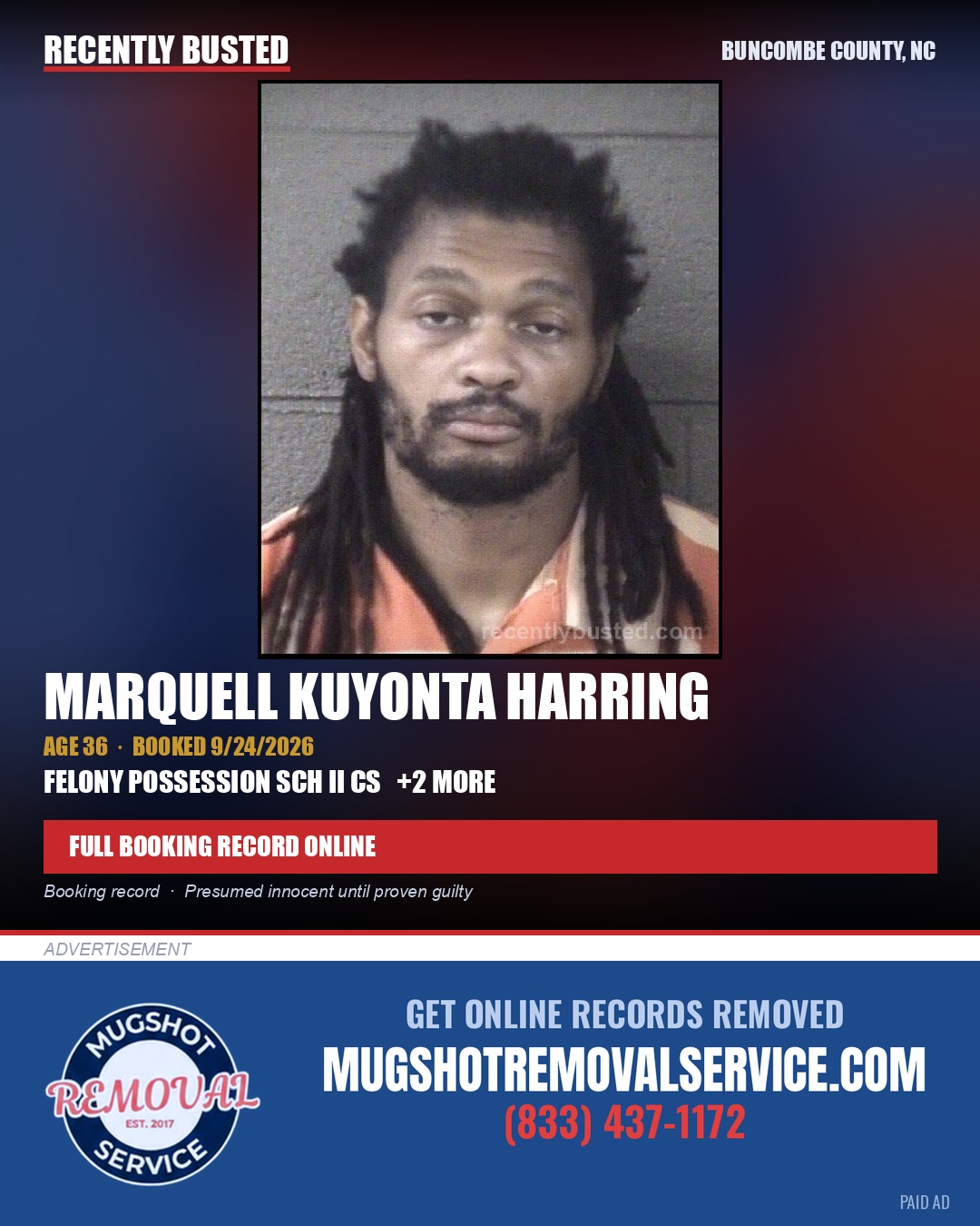 MARQUELL KUYONTA HARRING — arrest record card, Buncombe County, North Carolina