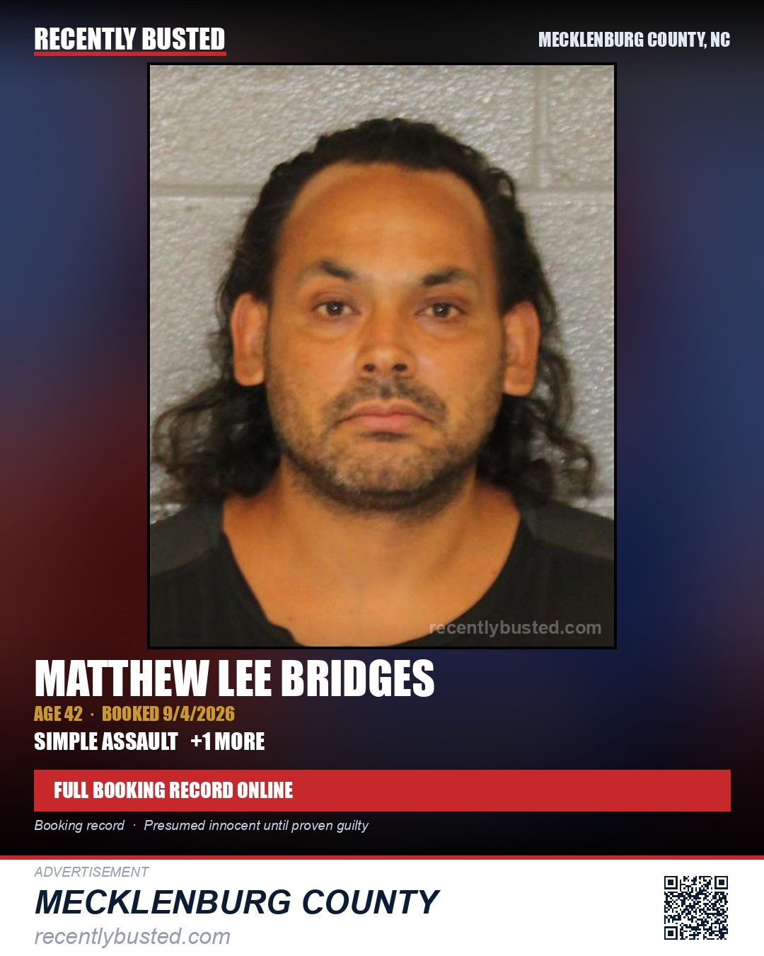 MATTHEW LEE BRIDGES — arrest record card, Mecklenburg County, North Carolina