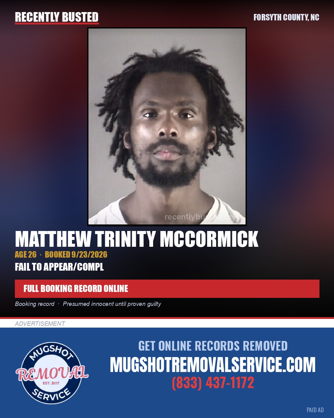MATTHEW TRINITY MCCORMICK — arrest record card, Forsyth County, North Carolina