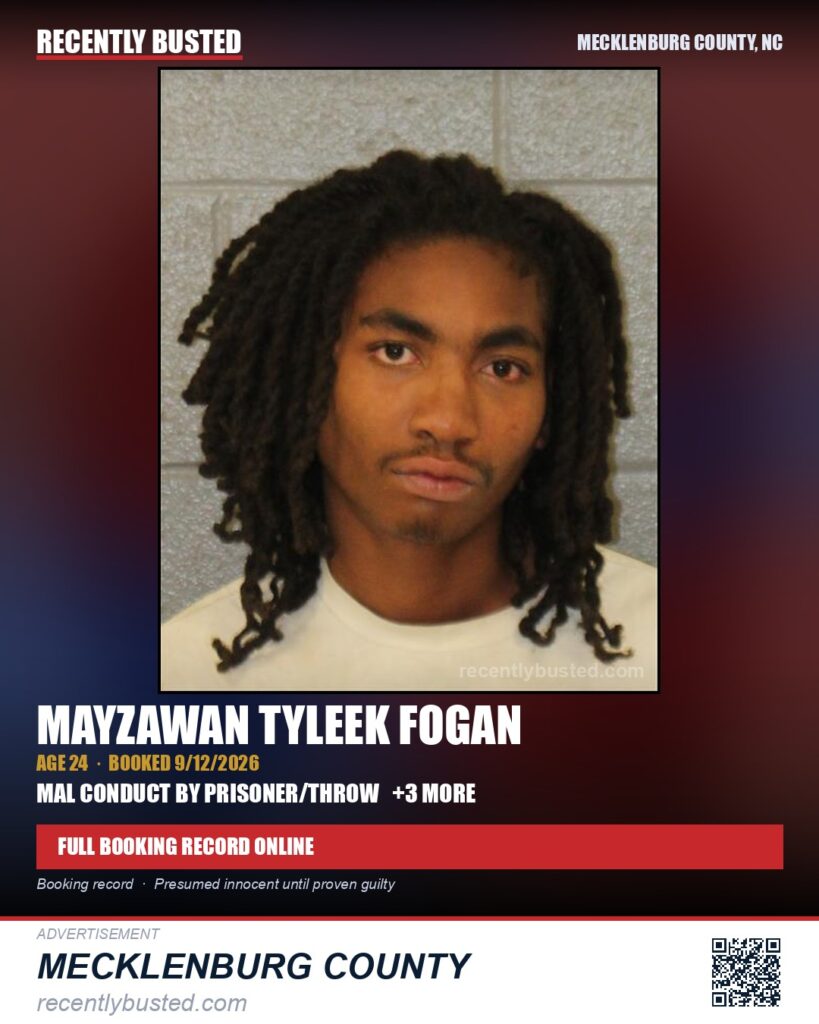 MAYZAWAN TYLEEK FOGAN — arrest record card, Mecklenburg County, North Carolina
