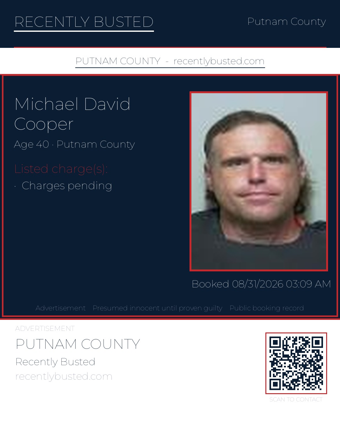 Michael David Cooper — arrest record card, Putnam County, Florida