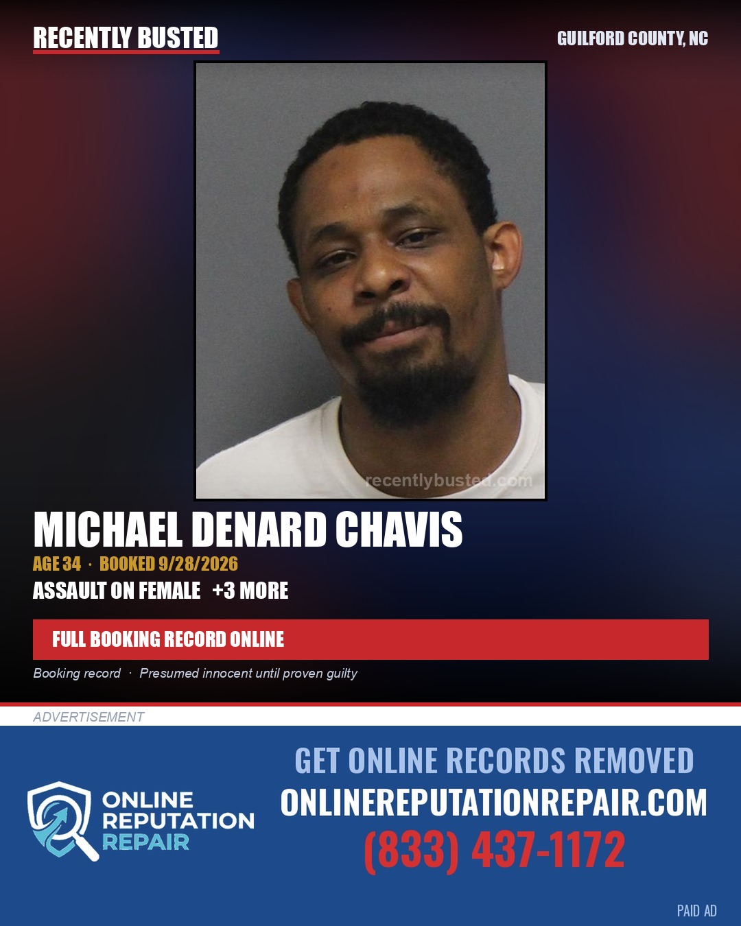 MICHAEL DENARD CHAVIS — arrest record card, Guilford County, North Carolina
