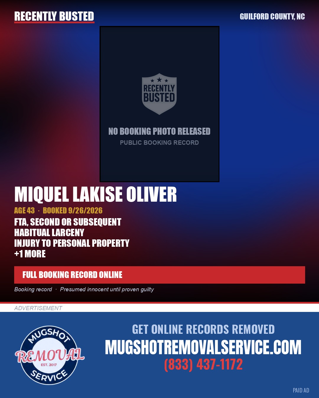 MIQUEL LAKISE OLIVER — arrest record card, Guilford County, North Carolina