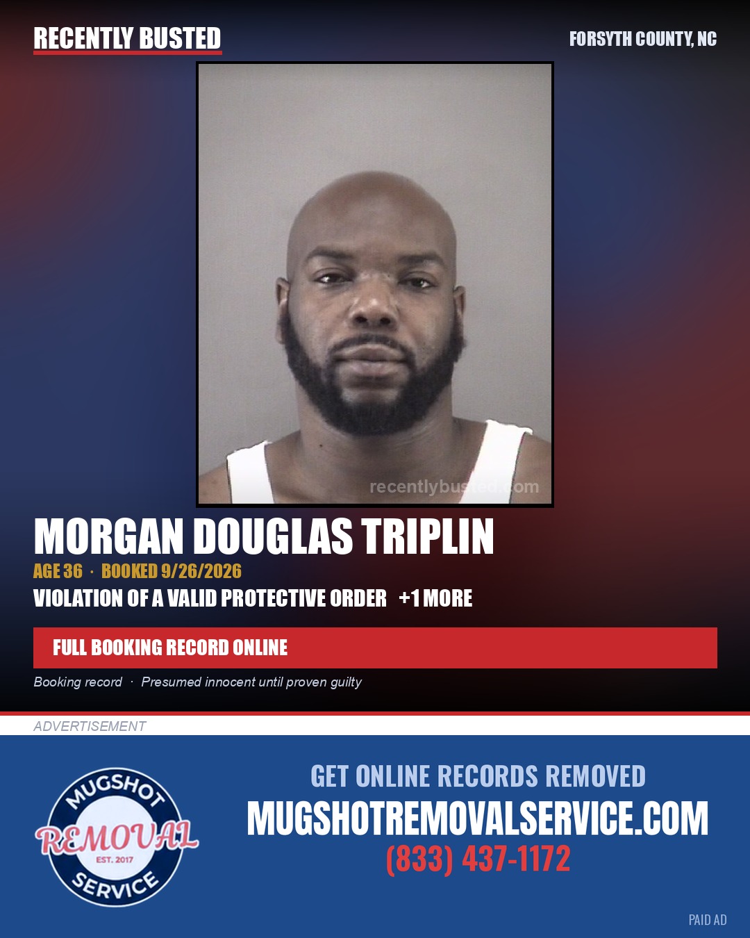 MORGAN DOUGLAS TRIPLIN — arrest record card, Forsyth County, North Carolina