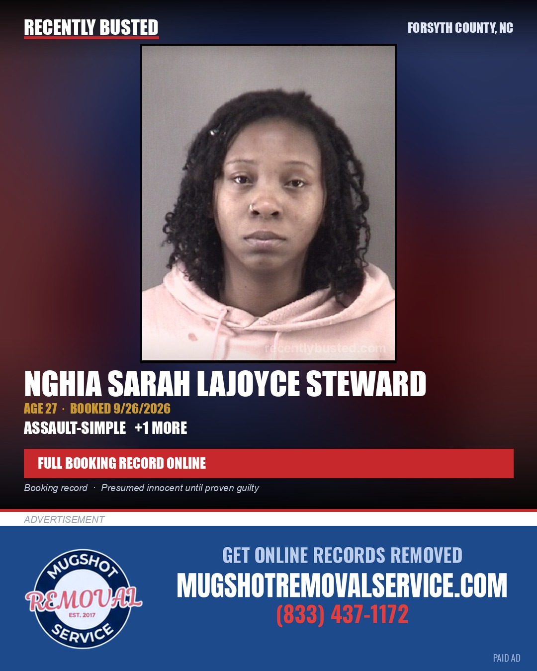 NGHIA SARAH LAJOYCE STEWARD — arrest record card, Forsyth County, North Carolina