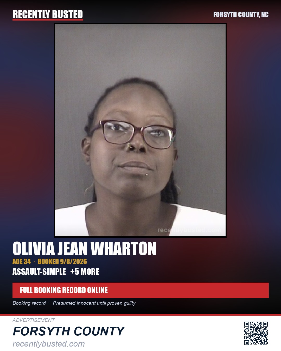 OLIVIA JEAN WHARTON — arrest record card, Forsyth County, North Carolina