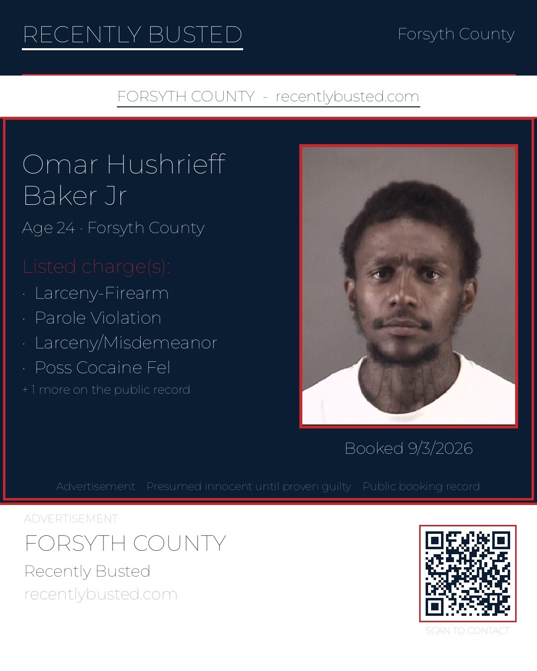 OMAR HUSHRIEFF BAKER JR — arrest record card, Forsyth County, North Carolina
