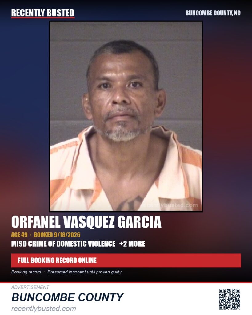 ORFANEL VASQUEZ GARCIA — arrest record card, Buncombe County, North Carolina