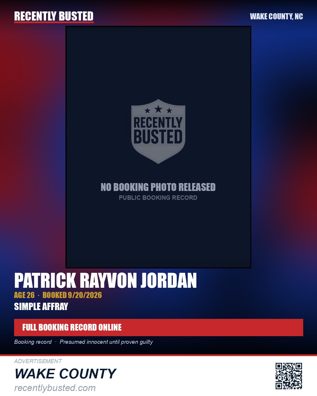 PATRICK RAYVON JORDAN — arrest record card, Wake County, North Carolina