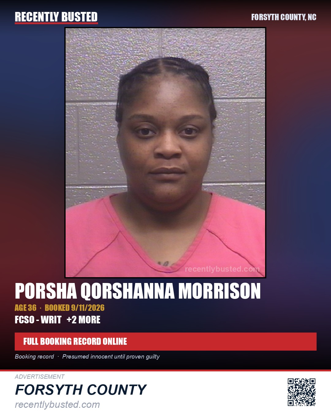 PORSHA QORSHANNA MORRISON — arrest record card, Forsyth County, North Carolina