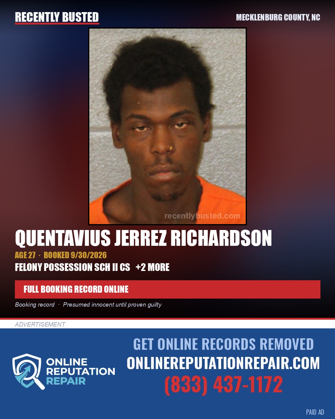 QUENTAVIUS JERREZ RICHARDSON — arrest record card, Mecklenburg County, North Carolina