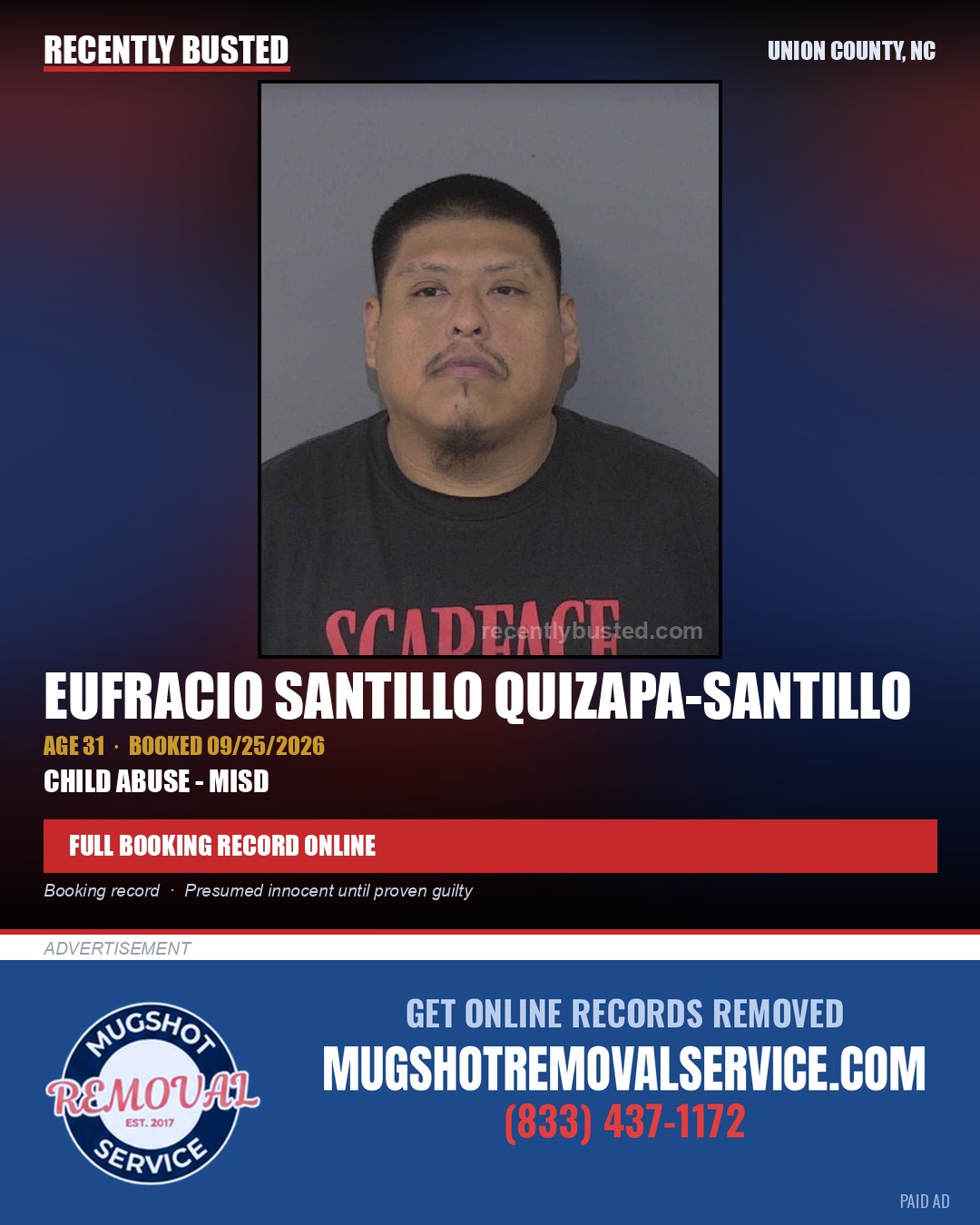 QUIZAPA-SANTILLO, EUFRACIO SANTILLO — arrest record card, Union County, North Carolina