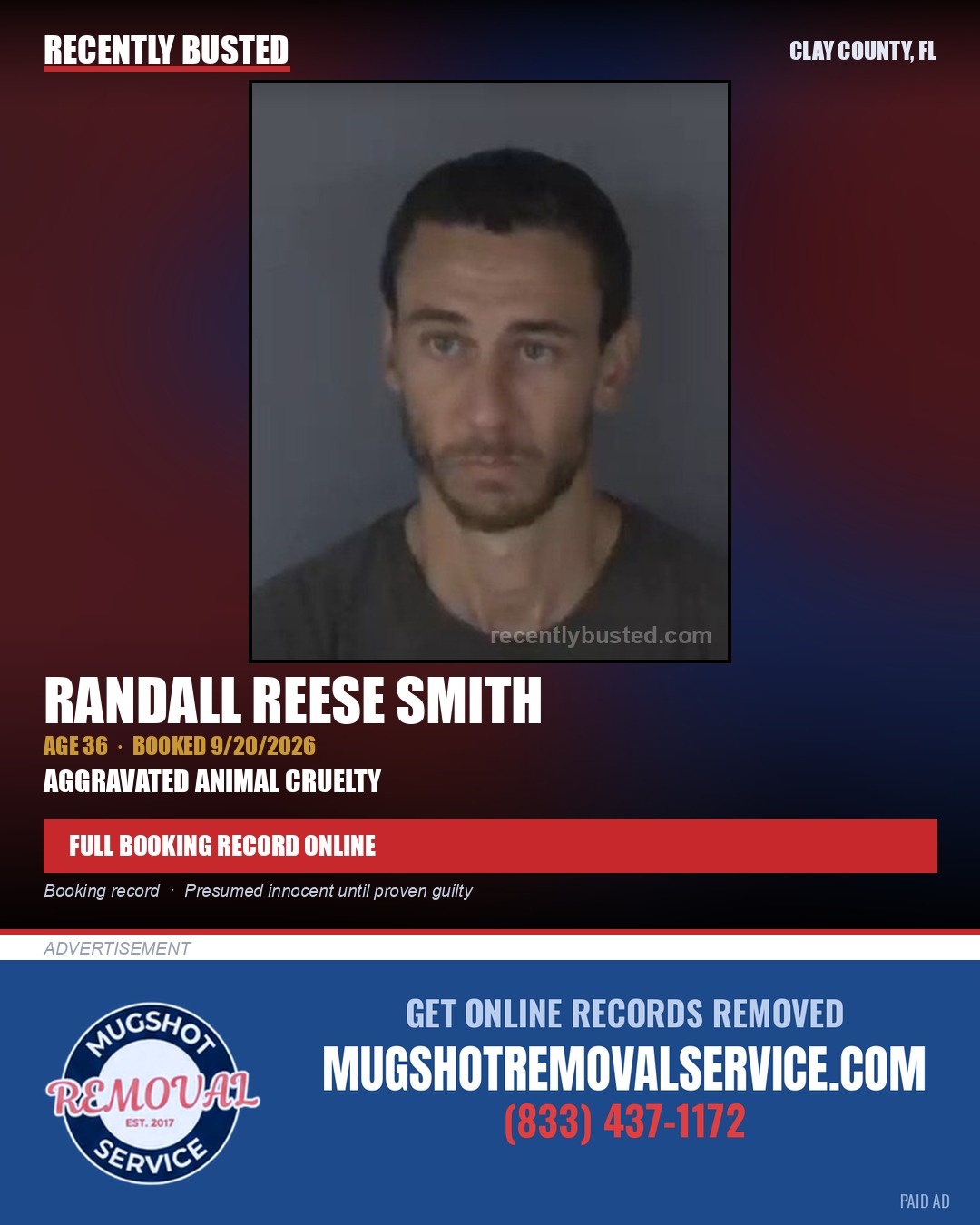 RANDALL REESE SMITH — arrest record card, Clay County, Florida