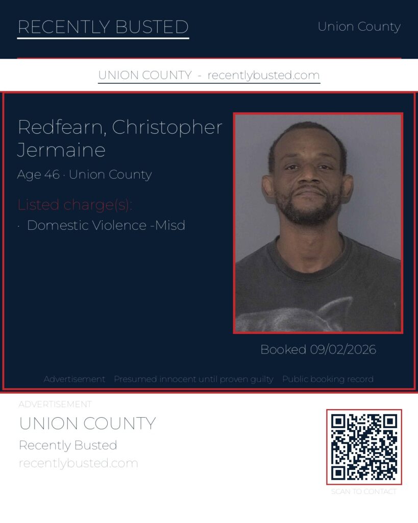 REDFEARN, CHRISTOPHER JERMAINE — arrest record card, Union County, North Carolina