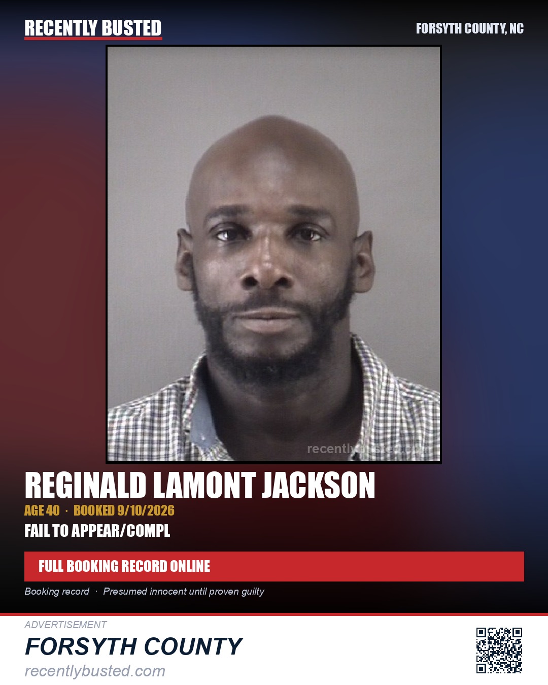 REGINALD LAMONT JACKSON — arrest record card, Forsyth County, North Carolina