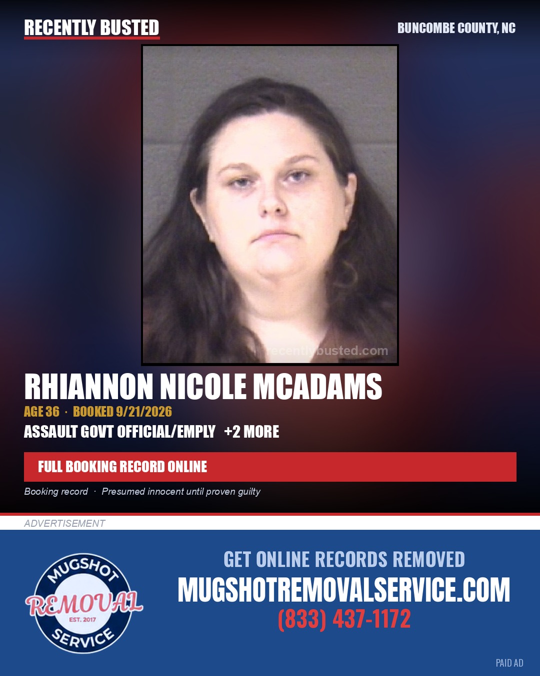 RHIANNON NICOLE MCADAMS — arrest record card, Buncombe County, North Carolina