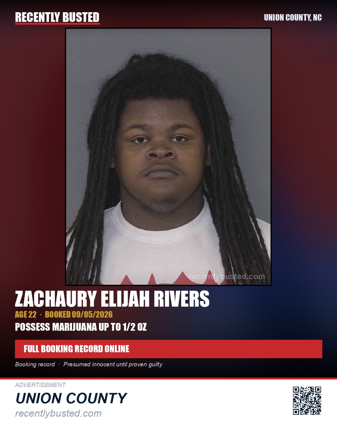 RIVERS, ZACHAURY ELIJAH — arrest record card, Union County, North Carolina