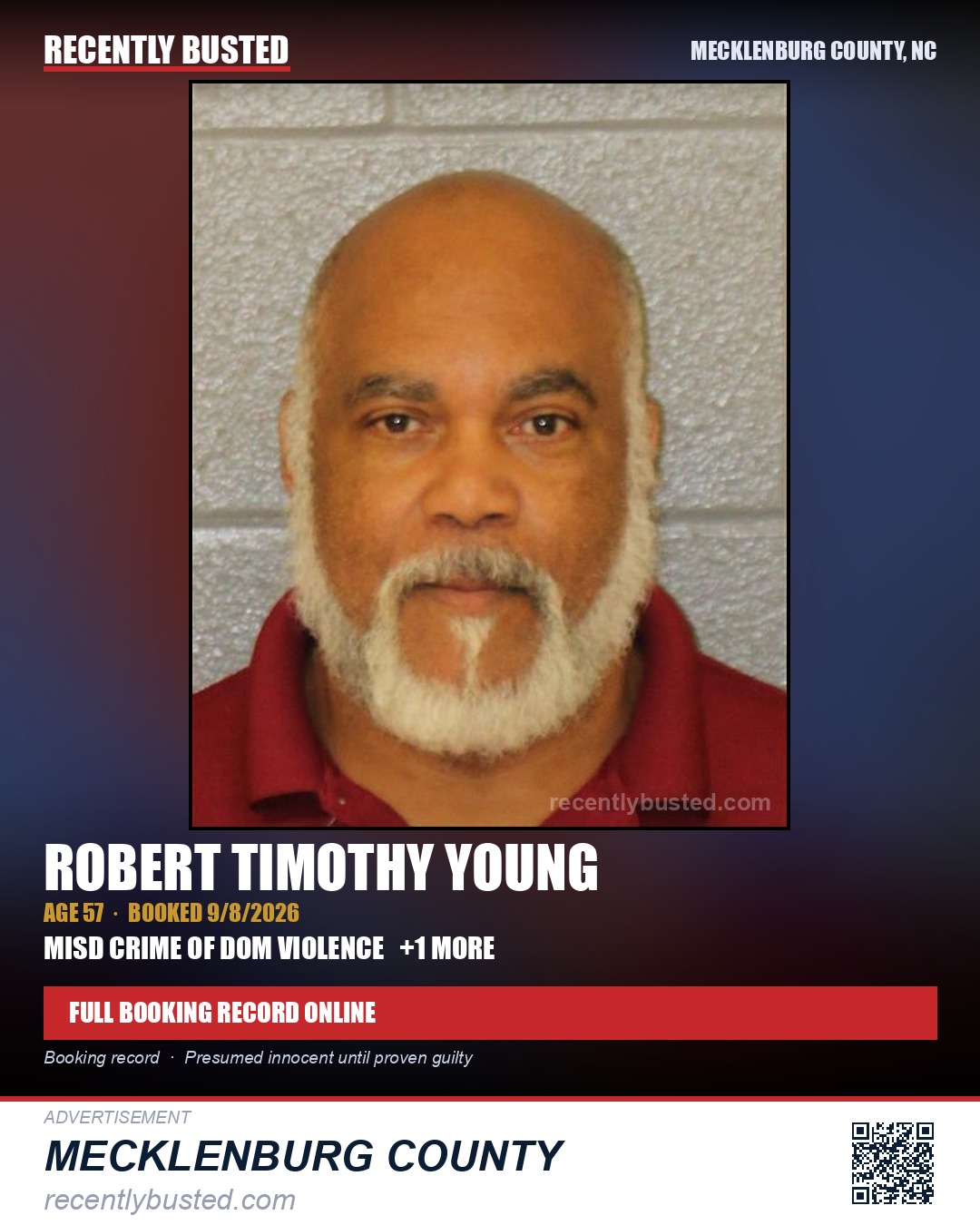 ROBERT TIMOTHY YOUNG — arrest record card, Mecklenburg County, North Carolina