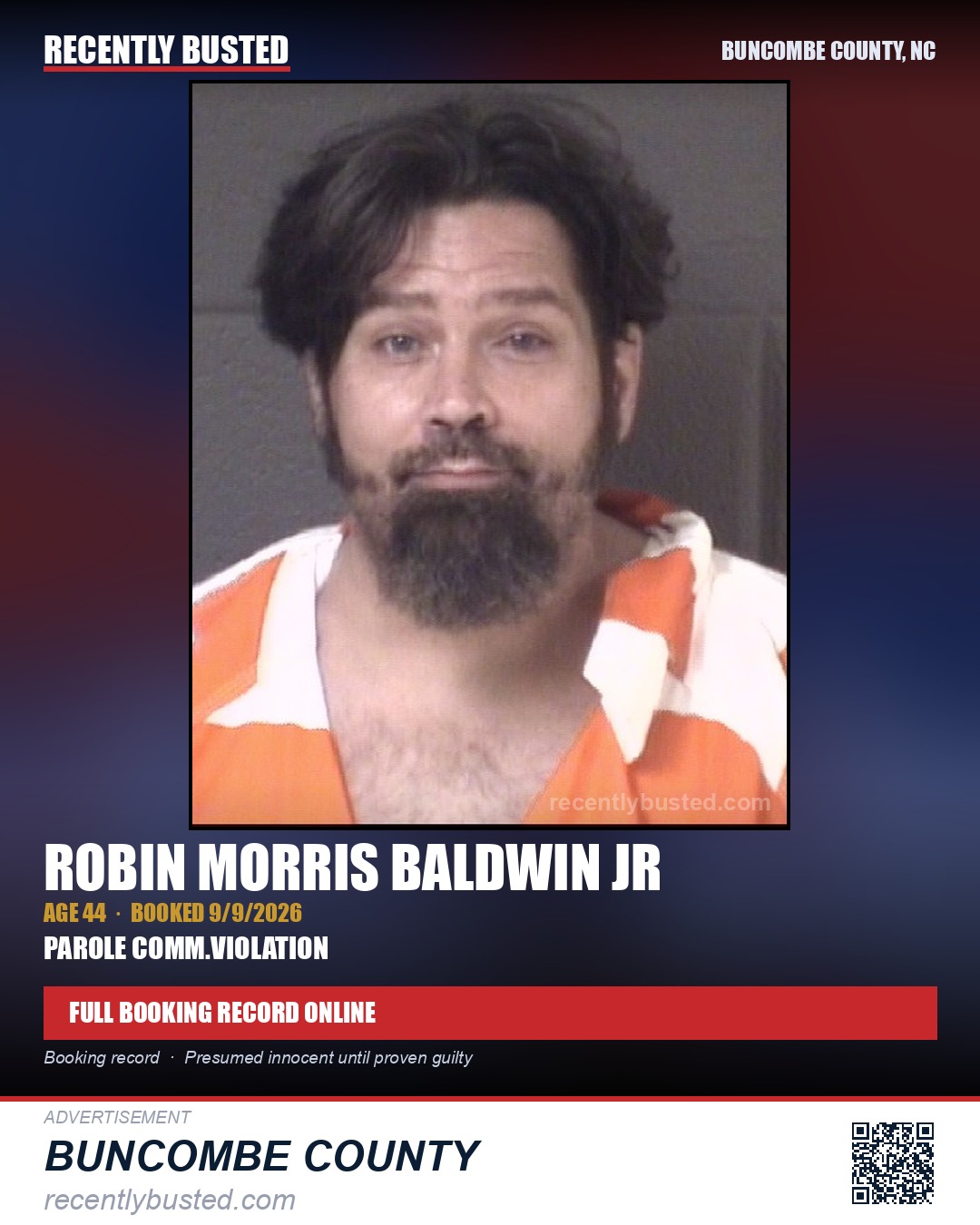 ROBIN MORRIS BALDWIN JR — arrest record card, Buncombe County, North Carolina