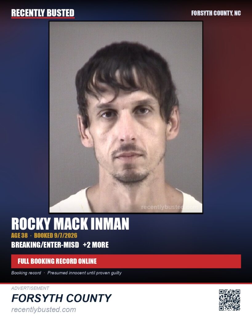 ROCKY MACK INMAN — arrest record card, Forsyth County, North Carolina