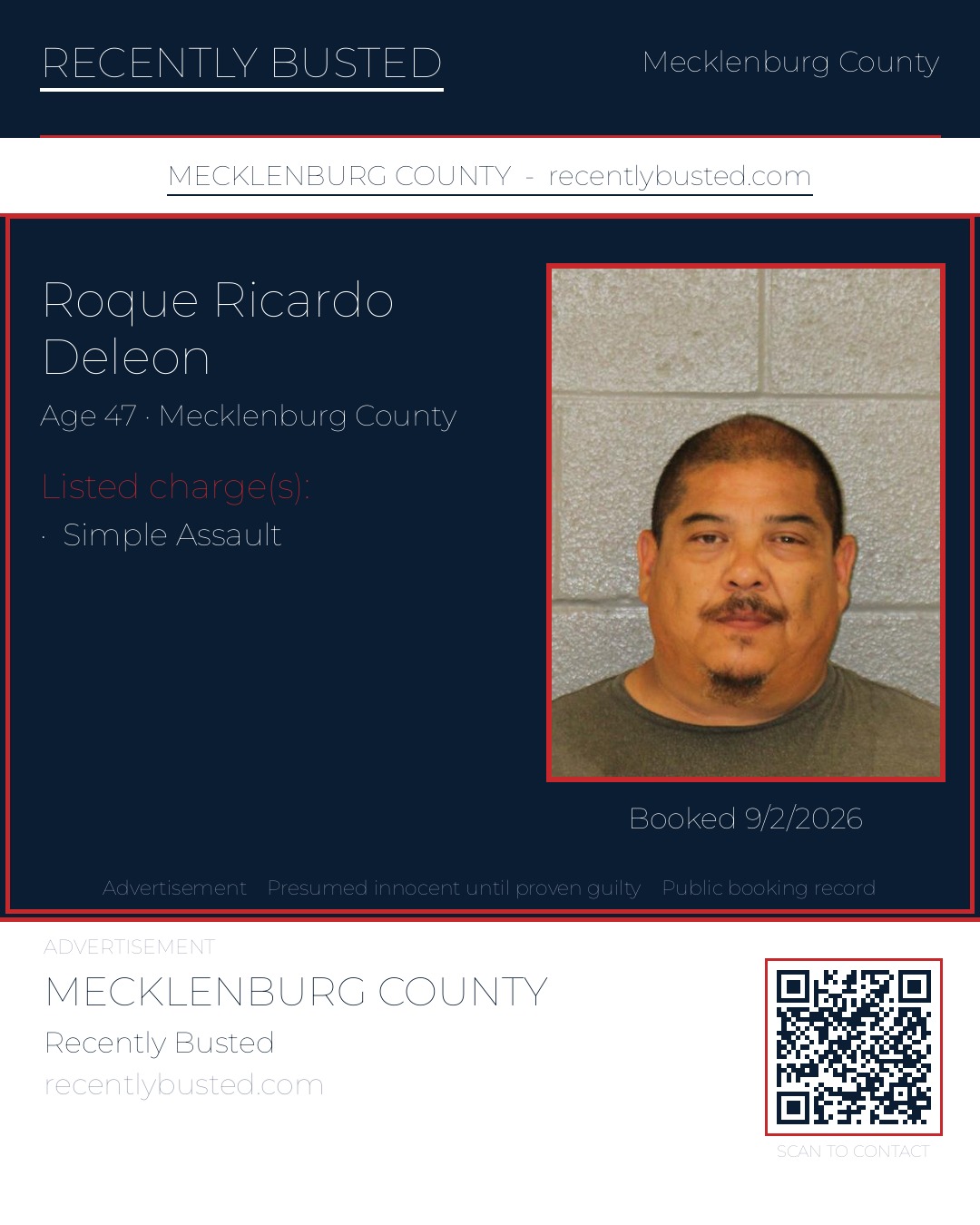 ROQUE RICARDO DELEON — arrest record card, Mecklenburg County, North Carolina
