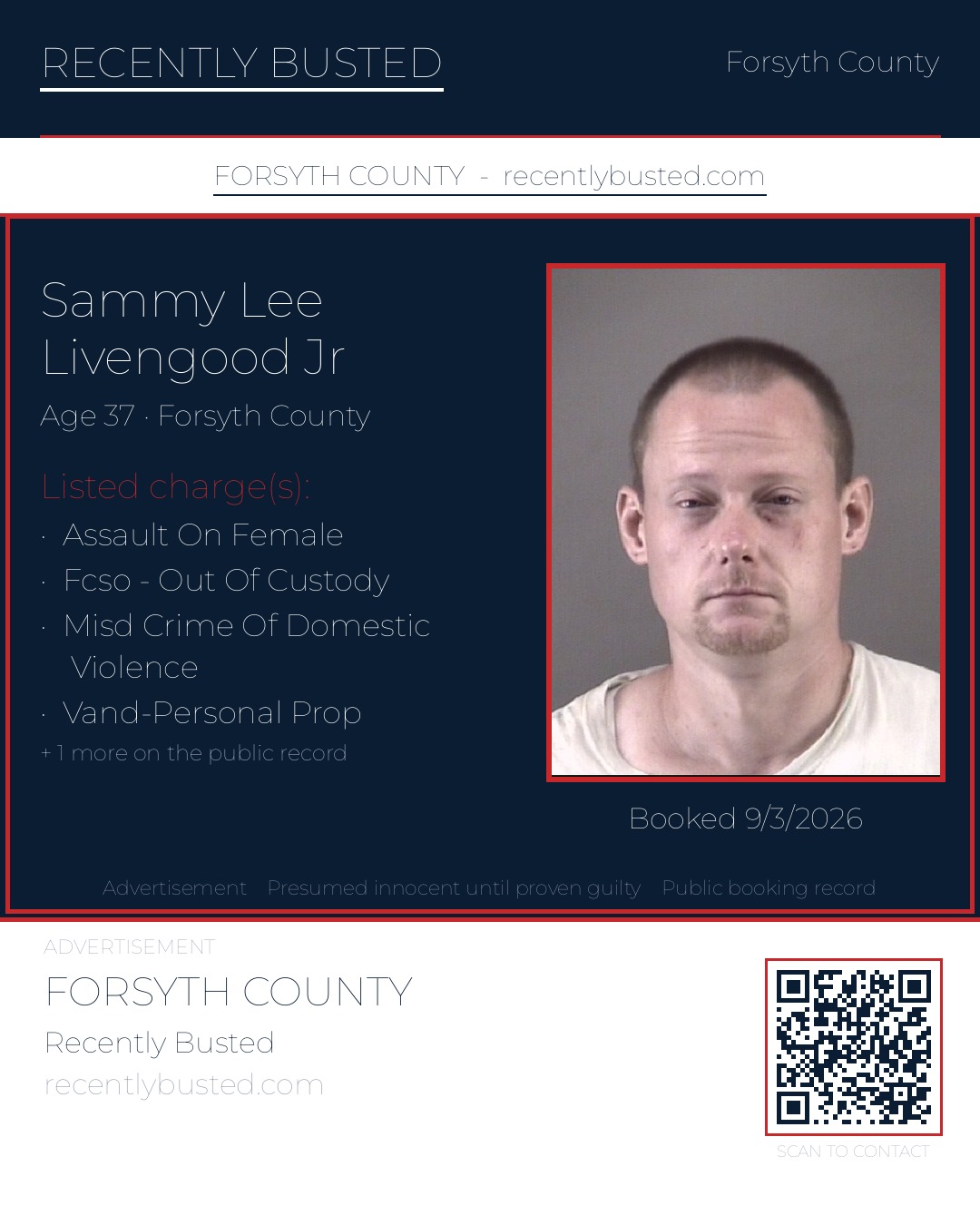 SAMMY LEE LIVENGOOD JR — arrest record card, Forsyth County, North Carolina