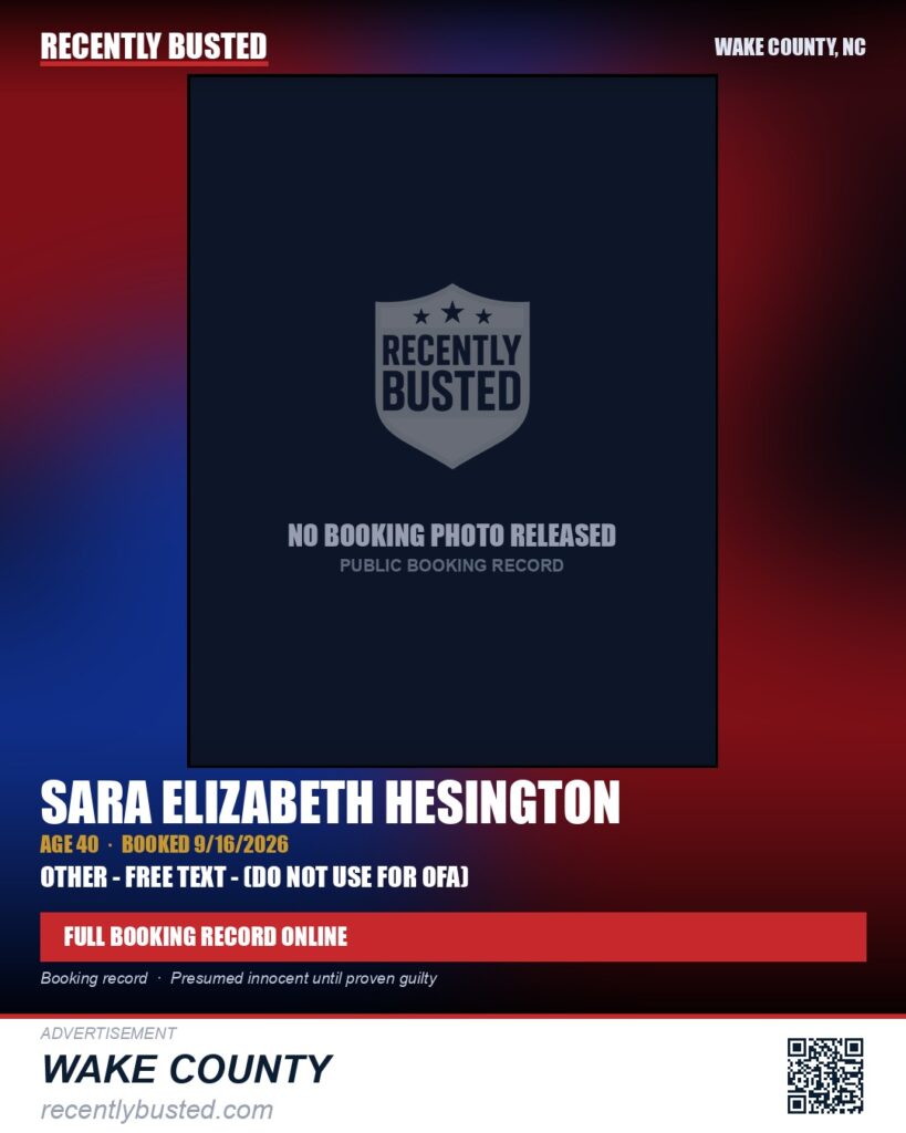 SARA ELIZABETH HESINGTON — arrest record card, Wake County, North Carolina